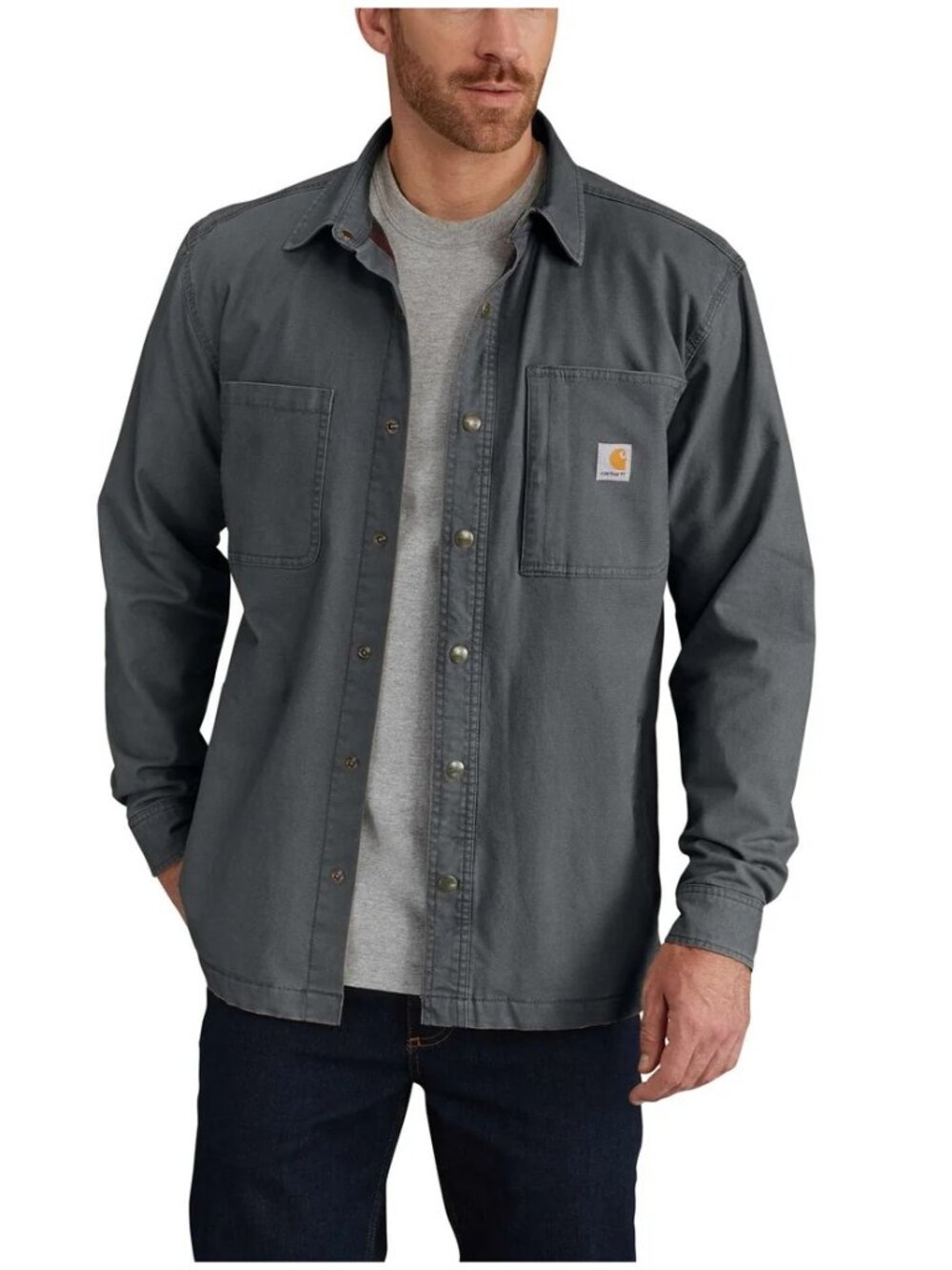 Carhartt Rugged Flex Flannel-Lined Shirt Jacket Large Gray Snap Front Large